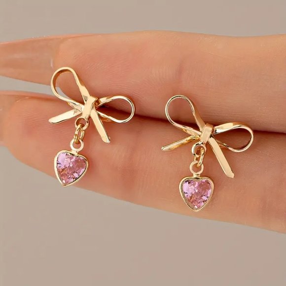 NEW Coquette Gold Bow Earrings Pink Heart Dangle Studs Cute Y2K Girly Jewelry - Picture 4 of 4